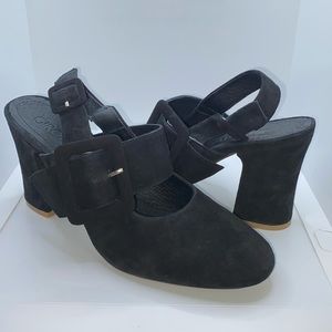 Girotti New $325 Sz 10.5 M 41 Black Goat Suede Buckle High Heel Slingback Pumps